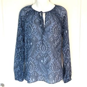 Michael Kors Blue & White Paisley Sheer Ruffle Detail Peasant Top Blouse Small
